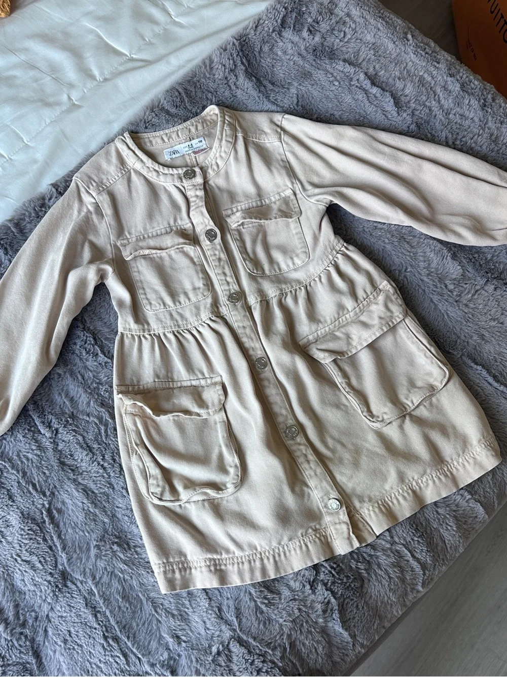 Zara Beige Button-Front Pocketed Kids Dress